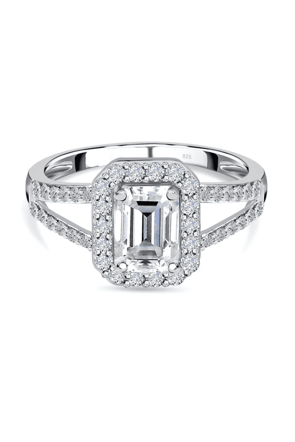 Brilliant Split Shank Moissanite Diamond Ring Emerald Shape Ring 14K White Gold Ring Engagement Adjustable Comfort Fit Ring