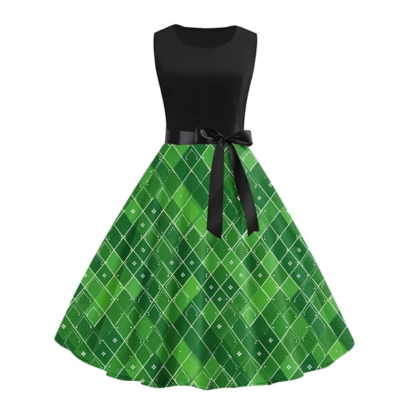 Brilliant St. Patrick's Day Dress Fashion Women Summer Square Neck St. Patrick Clover Printing Loose Sleeveless Dress Green Dresses 2024(Black,S)