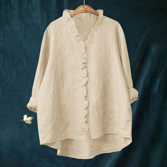 Brilliant Summer Tops for Women Plus Size Women's Fashion Summer V Neck Leisure Three-quarter Sleeve Solid Beige XL