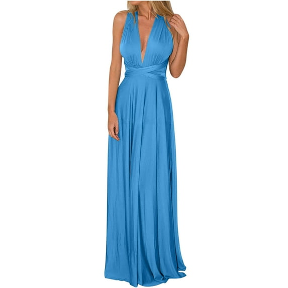 Brilliant Summer Dresses for Women Long Women's Deep V Neck Maxi Full Length High Waist Backless Sexy Lace-up formal Dress Long Dress Blue XL