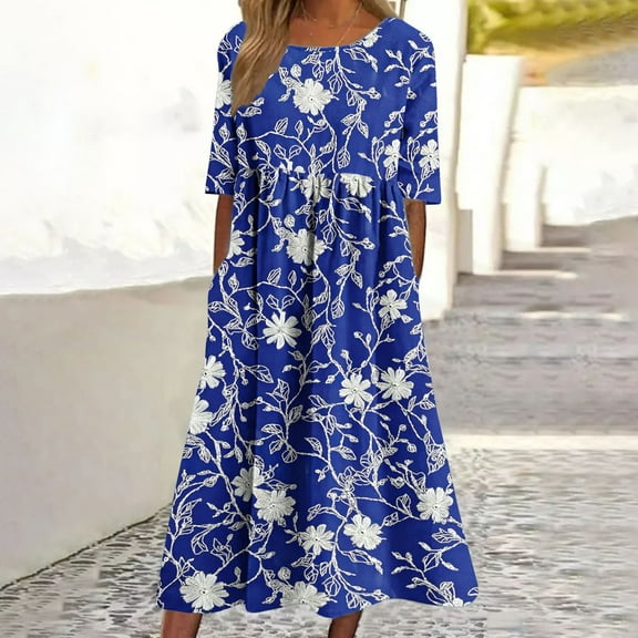 Brilliant Summer Dresses for Women Plus Size Women's Fashion Printed Short Sleeve Round Neck Long Dress Blue S