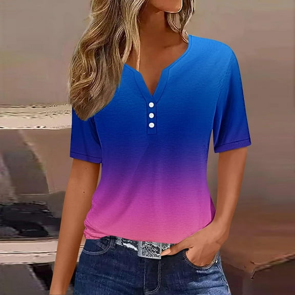Brilliant Summer Trendy Plus Size Women's Casual Solid Color Medium Short Sleeve V-Neck Top Blue M