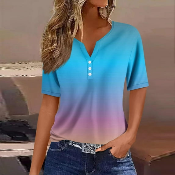 Brilliant Summer Trendy Plus Size Women's Casual Solid Color Medium Short Sleeve V-Neck Top Blue XXL