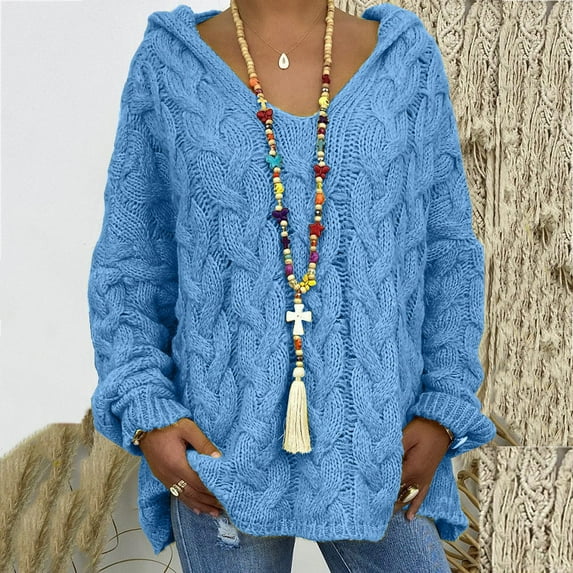 Brilliant Sweaters for Women $5.00 Women Winter Loose Plus Size Solid Color Long Sleeves Sweater with Hood Loose Knitwear Jumper Tops Lightweight Mid Length Blue M