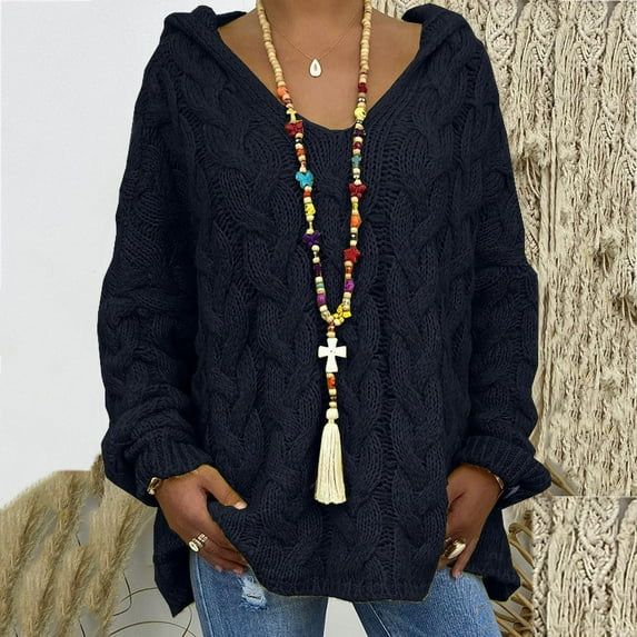 Brilliant Sweaters for Women Clearance $5.00 Women Winter Loose Plus Size Solid Color Long Sleeves Sweater with Hood Loose Knitwear Jumper Tops Lightweight Mid Length Black L