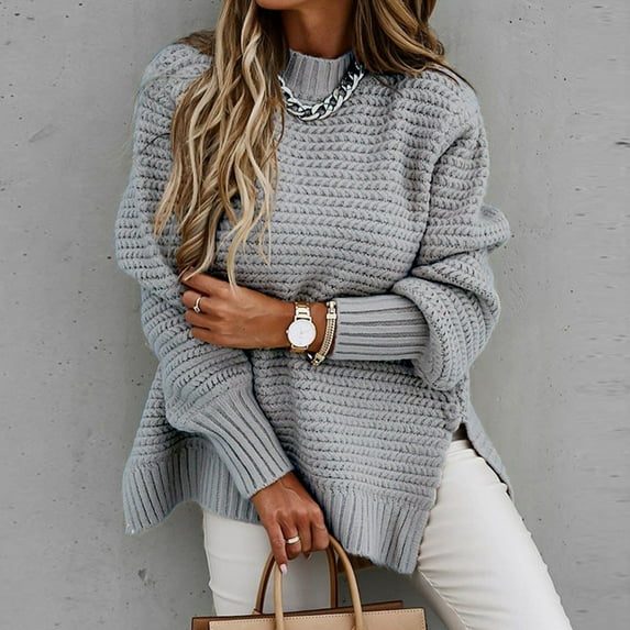 Brilliant Sweaters for Women Plus Size Side Hem Slit Winter Women Long Sleeve Pullover Casual Sweater Tops Loose Knitwear Jumper Tops Lightweight Mid Length Winter Sweater