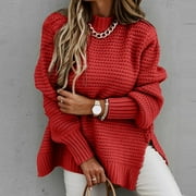 Brilliant Sweaters for Women Plus Size Side Hem Slit Winter Women Long Sleeve Pullover Casual Sweater Tops Loose Knitwear Jumper Tops Lightweight Mid Length Red XL