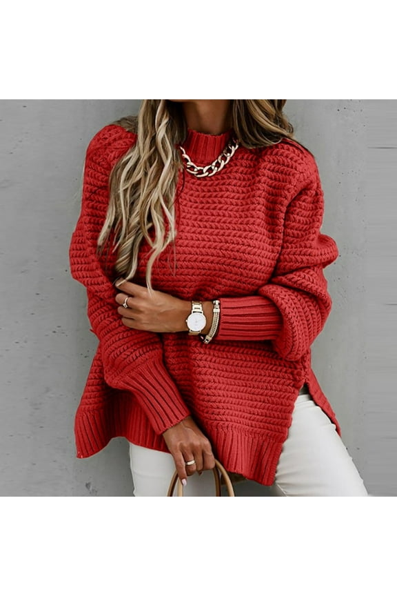Brilliant Sweaters for Women Plus Size Side Hem Slit Winter Women Long Sleeve Pullover Casual Sweater Tops Loose Knitwear Jumper Tops Lightweight Mid Length Red XXL