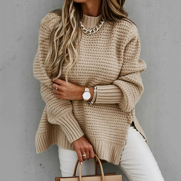 Brilliant Sweaters for Women Plus Size Side Hem Slit Winter Women Long Sleeve Pullover Casual Sweater Tops Loose Knitwear Jumper Tops Lightweight Mid Length Brown XL