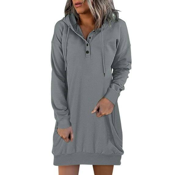 Brilliant Sweatshirt Dresses Women Plus Zip Collar with Pockets Winter Long Sleeve Dress for Women Plus Size Hooded Solid Casual Dress Gray M