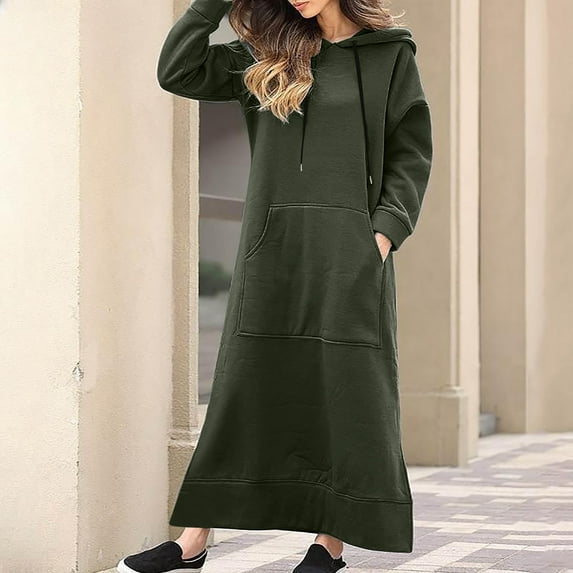 Brilliant Sweatshirt Dresses Women Plus Zip Collar with Pockets Women's Fall Casual Hooded Drawstring Solid Long Sleeve Hoodies Long Dresses Green M