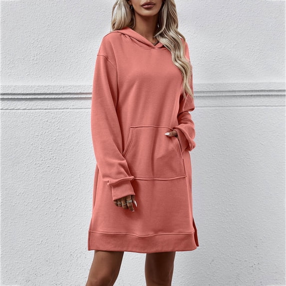 Brilliant Sweatshirt Dresses Women Plus Zip Collar with Pockets Women's Fall/Winter New Hooded Long Sleeve Pocket Split Long Sweater Dress Red M