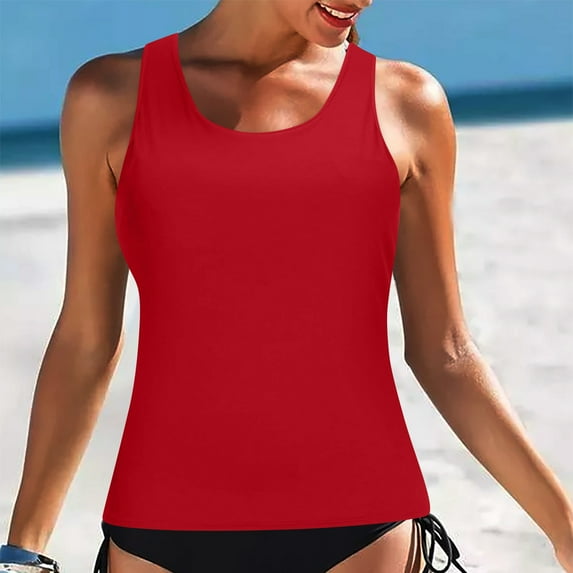 Brilliant Swimsuit Women Tankini Plus Size Women Solid Color High Neck Tops Bathing Suit Tops for Tank Tops Swimsuits Red XL