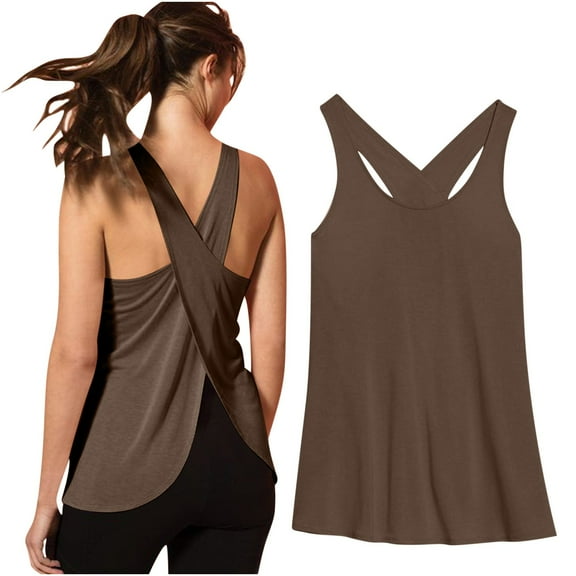 Brilliant Tank Tops for Women Plus Size Women's 2025 Loose Fit Yoga T-Shirts Sports Round Neck Soft Tank Tops Crossback Shirt Brown L