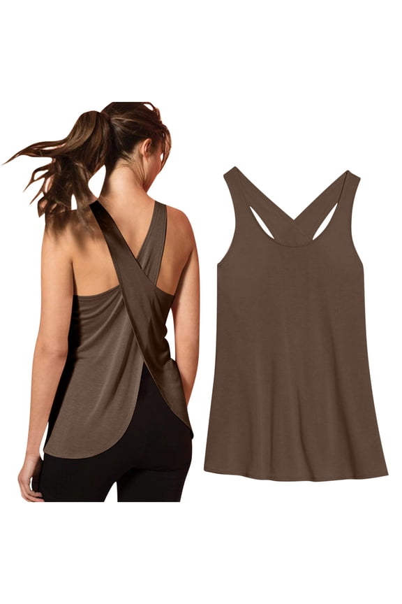 Brilliant Tank Tops for Women Plus Size Women's 2025 Loose Fit Yoga T-Shirts Sports Round Neck Soft Tank Tops Crossback Shirt Brown L