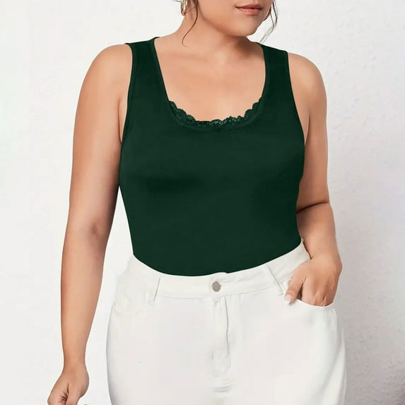 Brilliant Tank Tops for Women Plus Size Women's New Plus Size Solid Color Lace Racerback U-Neck Camisole Sleeveless Tank Tops Green XXXXXL