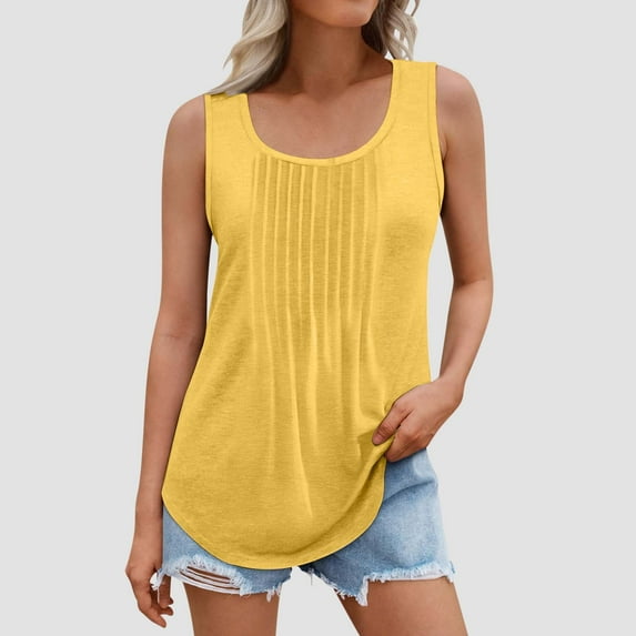 Brilliant Tank Tops for Women under $5 Summer Women Solid Color Round Neck Sleeveless Casual Tee Tank Tunic Tops Blouse Yellow M
