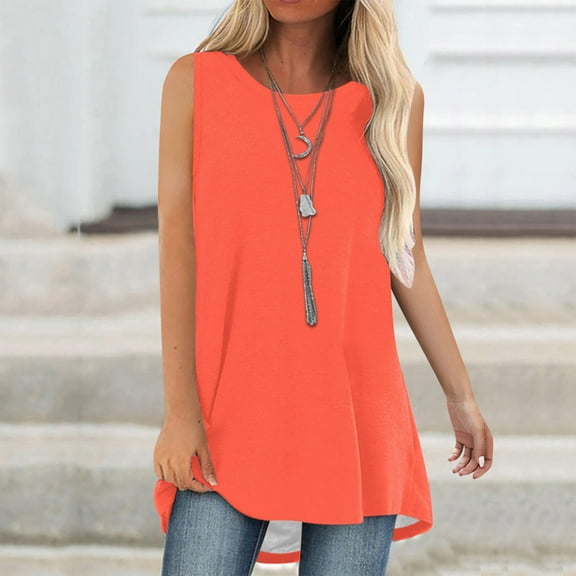 Brilliant Tank Tops for Women under $5 Women Tank Summer Solid Color Round-Neck Sleeveless Casual Tunic Blouse Orange S