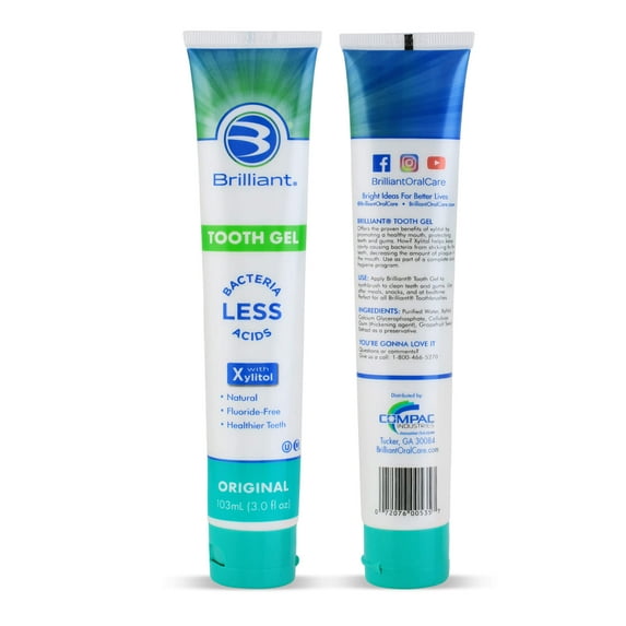 Brilliant Toothpaste Gel by Spry, With Xylitol, Fluoride Free, Mint Free, Safe If Swallowed, Natural, Original, 3oz 2pk
