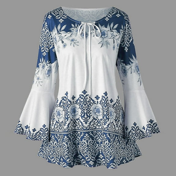 Brilliant Tops for Women under $5 Womens Blouses 3/4 Sleeve Fashion Womens Plus Size Printed Flare Sleeve Tops Blouses Keyhole T-Shirts