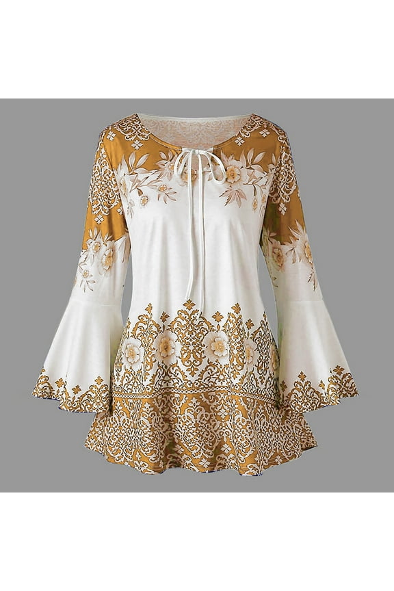 Brilliant Womens Tops Long Sleeve Fall Clothes Women Fashion Womens Plus Size Printed Flare Sleeve Tops Blouses Keyhole T- Orange XXXL