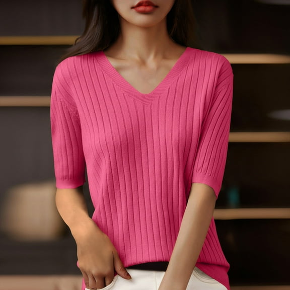 Brilliant Tunic Tops for Women Women'S Solid Color VRound Neck Five-Point Sleeve Casual Shirt Tops Pink XXL