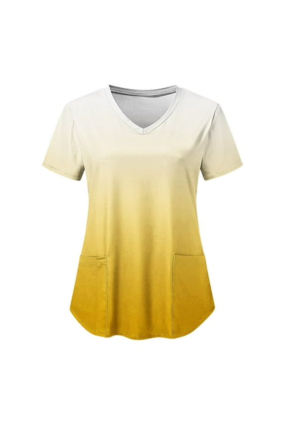 Brilliant Tunic Tops for Women Women's Fashion Short Sleeve VRound Neck Tops Working Uniform Printing Pocket Blouse Tops Yellow M