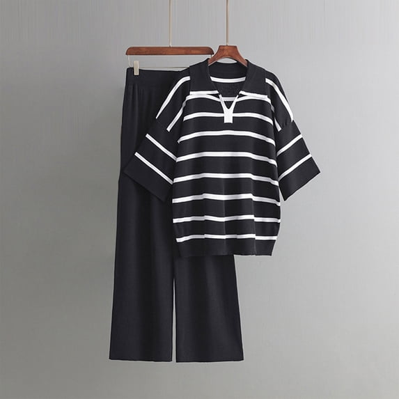 Brilliant Two Piece Outfits Women Plus Size Fall Women's Casual Long Sleeve Round Neck Sweater Sets Knitted Stripe Tops Long Pants Suits Black Free Size