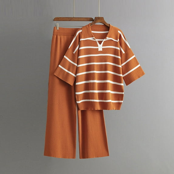 Brilliant Two Piece Outfits Women Plus Size Fall Women's Casual Long Sleeve Round Neck Sweater Sets Knitted Stripe Tops Long Pants Suits Orange Free Size