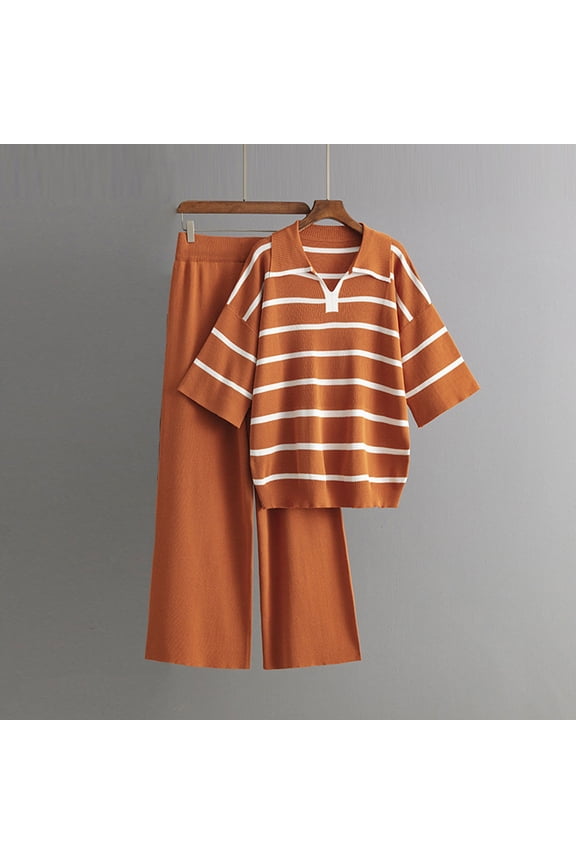 Brilliant Two Piece Outfits Women Plus Size Fall Women's Casual Long Sleeve Round Neck Sweater Sets Knitted Stripe Tops Long Pants Suits Orange Free Size