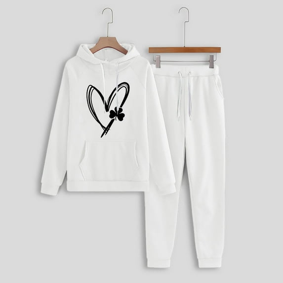 Brilliant Two Piece Outfits Women Plus Size Fall Women's Casual Print Hooded Drawstring Loose Long Sleeve Sweatshirt Tops and Long Pants Set Suits White L