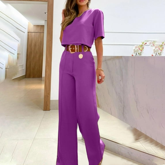 Brilliant Two Piece Outfits Women Plus Size Clearance Women Fall Temperament Casual Solid Color Long Sleeved Top+wide Leg Long Pants Suit Set Purple M
