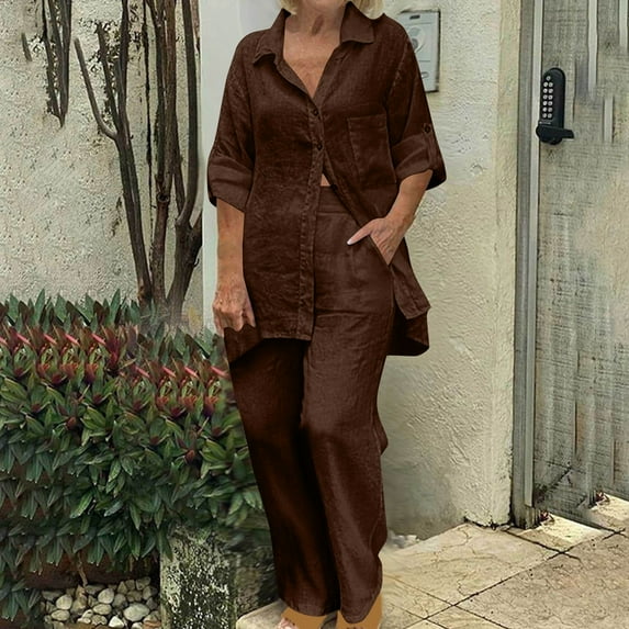 Brilliant Two Piece Outfits Women Plus Size Women's Fall Suit Fall Color Long Sleeve Tops+Trousers Casual Soft Brown XXXXL