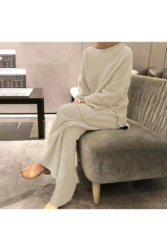 Brilliant Two Piece Outfits Women Plus Size Women's Long Sleeved Plain Knitted Casual Two-piece Blouse Pants Knitting Sweater Beige XXL