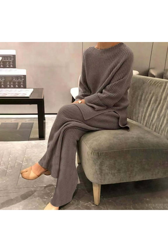 Brilliant Two Piece Outfits Women Plus Size Women's Long Sleeved Plain Knitted Casual Two-piece Blouse Pants Knitting Sweater Brown XXXL