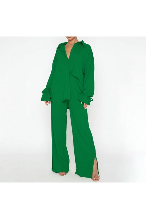 Brilliant Two Piece Outfits Women Skirt And Top Work Outfits for Women Women's Fall Fall Fashion Long-Sleeved Loose Pleated Wide-Leg Pants Two-Piece Casual Suit Green S