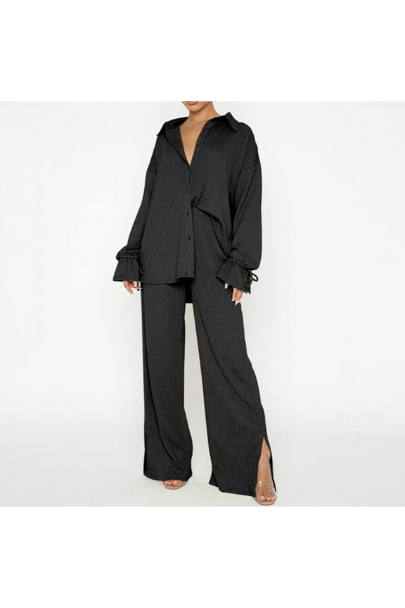 Brilliant Two Piece Outfits Women Skirt And Top Work Outfits for Women Women's Fall Fall Fashion Long-Sleeved Loose Pleated Wide-Leg Pants Two-Piece Casual Suit Black M