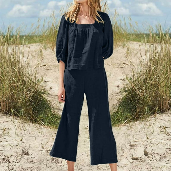 Brilliant Two Piece Sets Women Clothing With Pockets Fall Outfits for Women Women's Solid Color Three-Quarter Sleeve Collar Cropped Top   Casual Long Pants Suit Set Black S