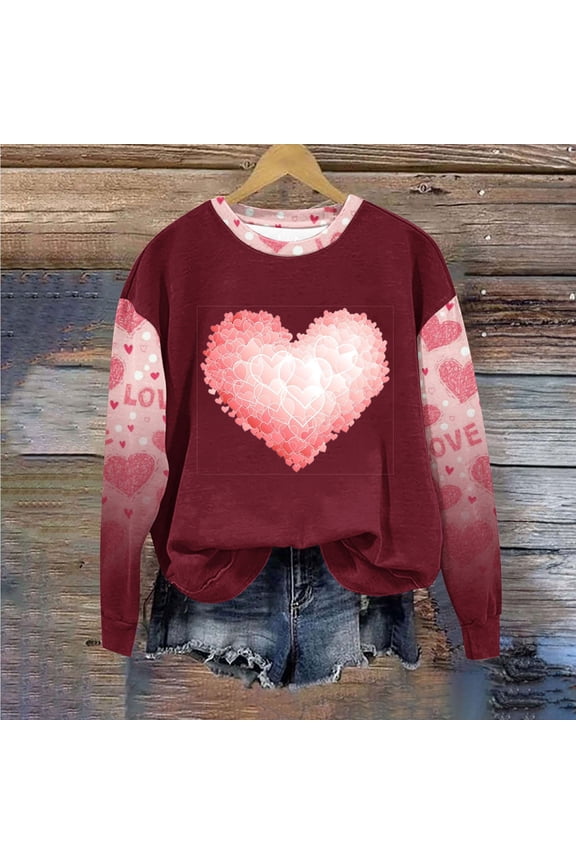 Brilliant Valentine Shirts for Women Womens Tops Spring 2025 Women Round Neck Long Sleeves Casual Sweatshirts Sweater Pullover Tunic Tops Red M