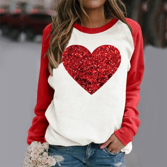 Brilliant Valentines Shirts for Women Women Fashion Print Long Sleeve T-Shirt Long Sleeve Splicing Top New(Red,XXL)
