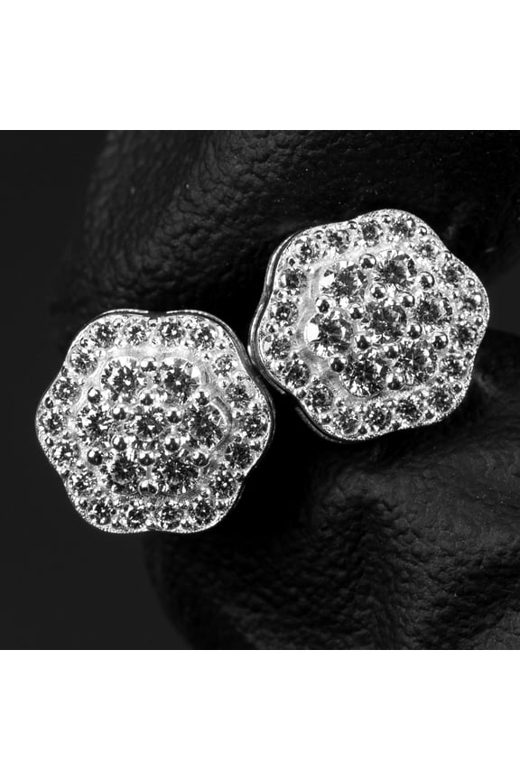 Brilliant White Gold Plated 925 Sterling Silver Mens Women's Iced CZ Round Flower Cluster Hypoallergenic Circle Hip Hop Trendy Fashion Stud Screw Back Earrings