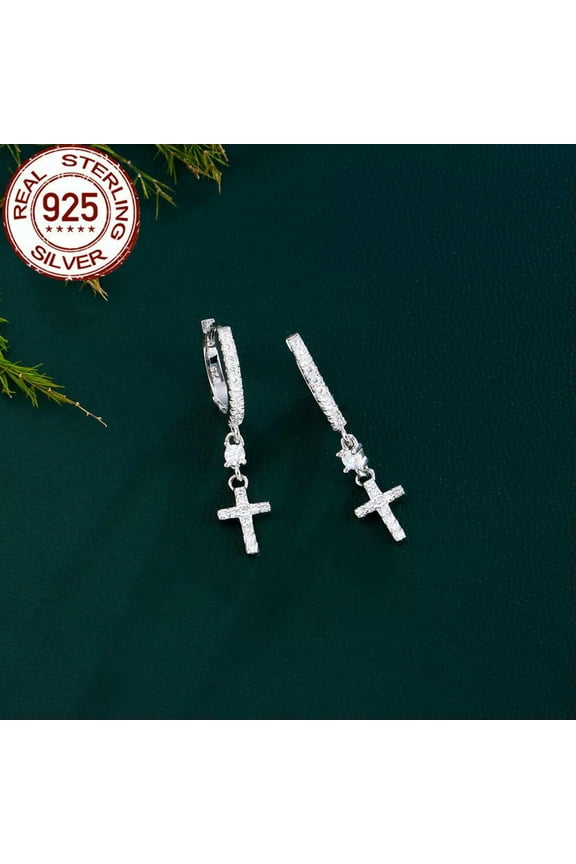 Brilliant White Sterling Silver 925 CZ Round Cross Dangle Huggie Hoop Earrings