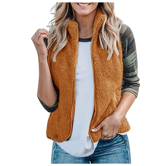 Brilliant Winter Coats for Women Plus Size Women Pure Color Sleeveless Plush Vest Cardigan Jacket Versatile Zipper Blouse Clearance Clothes under $5.00