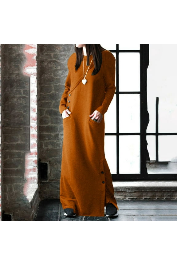 Brilliant Winter Dresses Long Sleeve Turndown Collar Ankle Fashion Round Neck Winter Warm Color Long Sleeve Pocket Long Dress clothes under $25.00