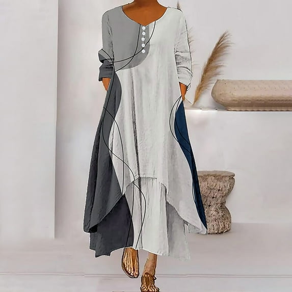 Brilliant Winter Dresses for Women 2025 Women Casual Round-Neck Long Sleeve Button Pocket Long Dress Gray 3x