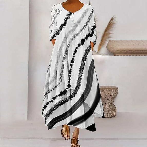 Brilliant Winter Dresses for Women 2025 Women Casual Round-Neck Long Sleeve Button Pocket Long Dress White S