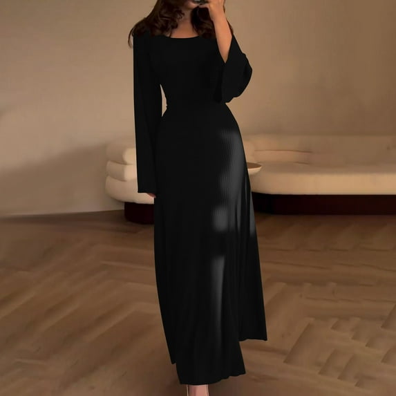 Brilliant Winter Dresses for Women Clearance Fall and Winter New Solid Round Neck Long Sleeve Split Loose Maxi Dress for Women Black L