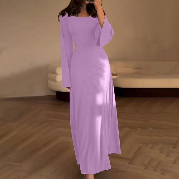 Brilliant Winter Dresses for Women Fall and Winter New Solid Round Neck Long Sleeve Split Loose Maxi Dress for Women Purple XL