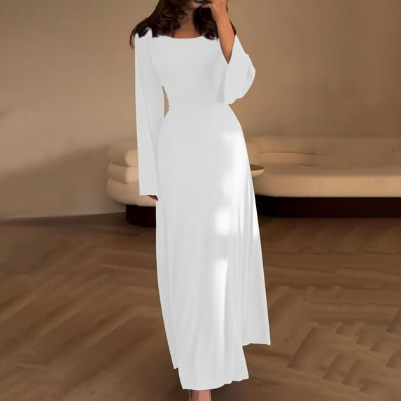 Brilliant Winter Dresses for Women Clearance Fall and Winter New Solid Round Neck Long Sleeve Split Loose Maxi Dress for Women White L