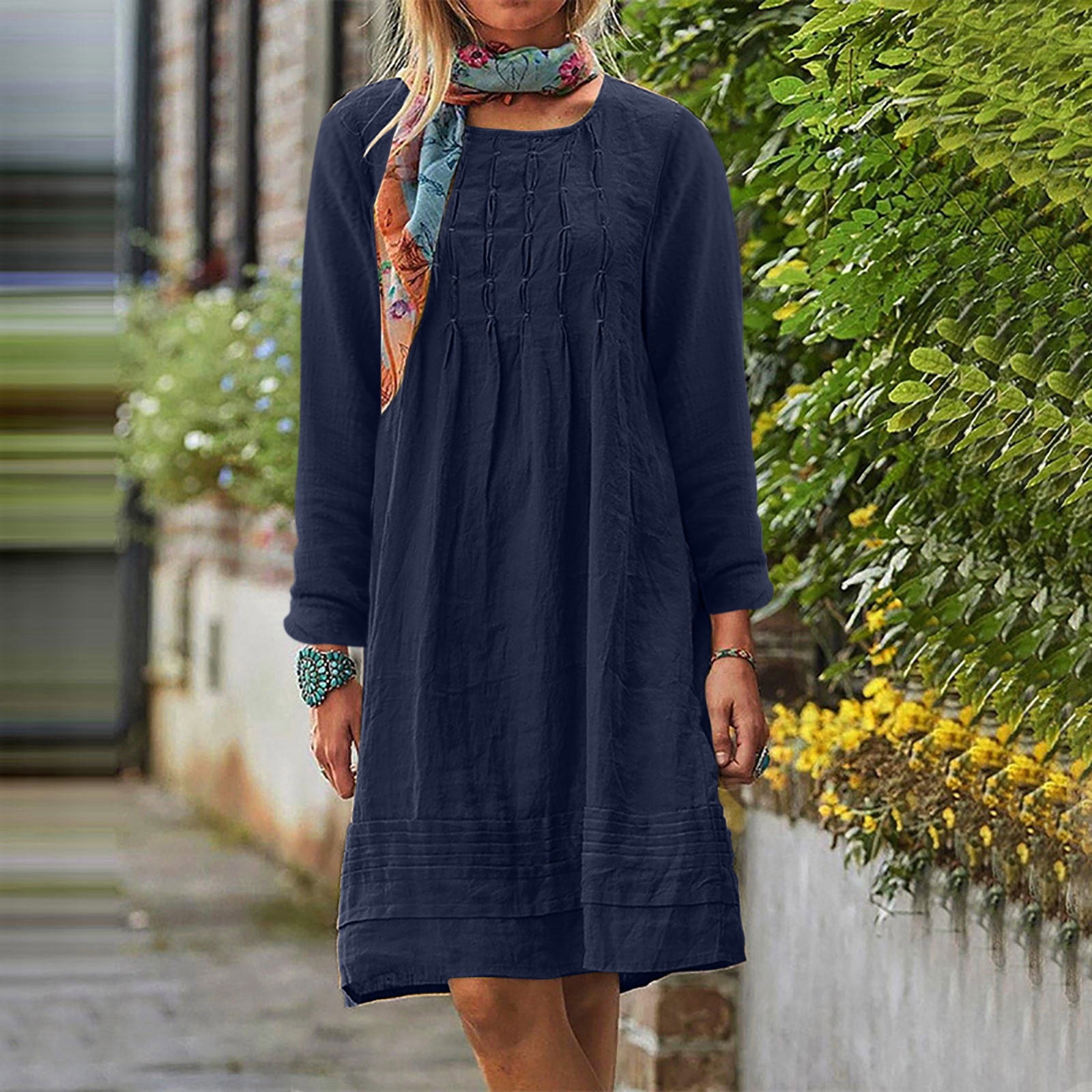 winter modern dress for women BeaUTT Brilliant Dresses Clearance Women Round Neck Long Sleeved Pleated Solid Cotton Linen Loose Fitting Gray L, Women's, Size EU 50 = 111/93/117 Akaira Dress Jacket Dress Bridal dressing gown Size:Waist 34